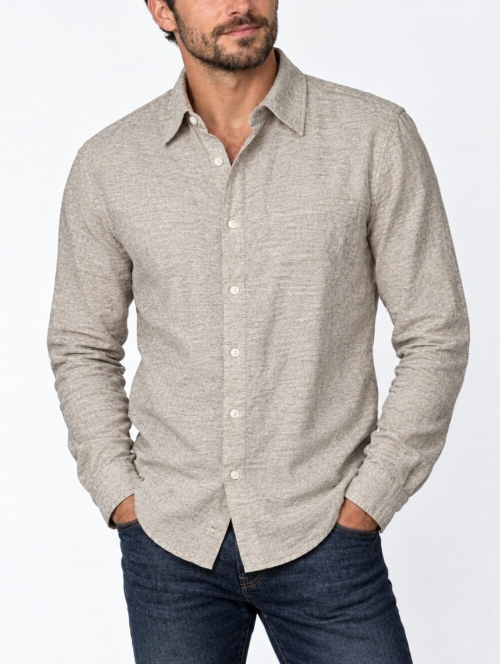 Perry Ellis Men's Linen Blend Classic Beige Long-Sleeve Button-Up Shirt Size M